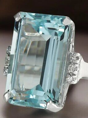 🌟 12ct Diamonique Blue CZ Emerald Cut Statement Ring - Size 7